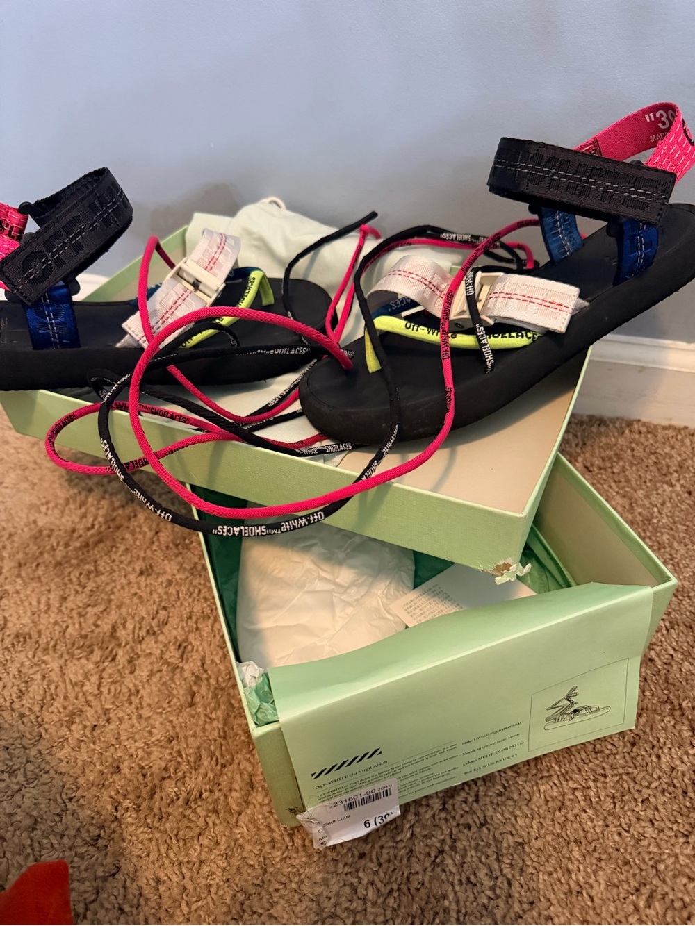 Off-White Black Sandals with Neon Pink & Blue Straps EXCELLENT CONDITION WORN 1